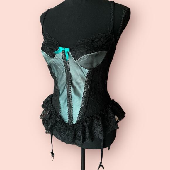 Vtg Nan Flower Baby Doll Teddy Lingerie Green Black Garter Pinup Medium Whimsy - Picture 1 of 6